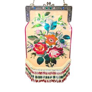 AMIA Suncatcher Fringed Kisslock Purse Shaped Hand Painted Glass 12"X7"X0.25"